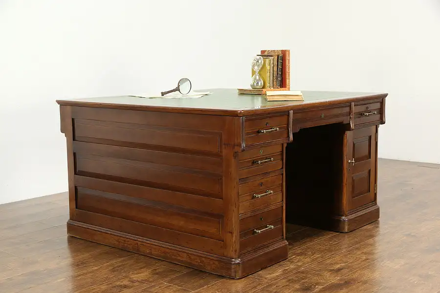 Main image of Victorian Cherry Antique Partner Library Desk, Raised Panels, Leather Top