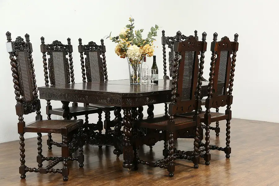 Main image of English Tudor Antique Barley Twist Dining Room Set, 6 Chairs, Table