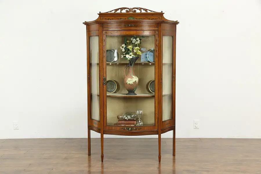 Main image of English Antique Edwardian Satinwood Curved Glass Curio or China Cabinet