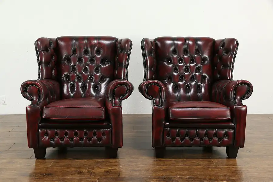 Main image of Pair of English Vintage Chesterfield Tufted Leather Wing Chairs