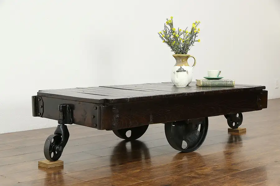 Main image of Industrial 1900's Antique Railroad Salvage Pine & Iron Cart, Coffee Table