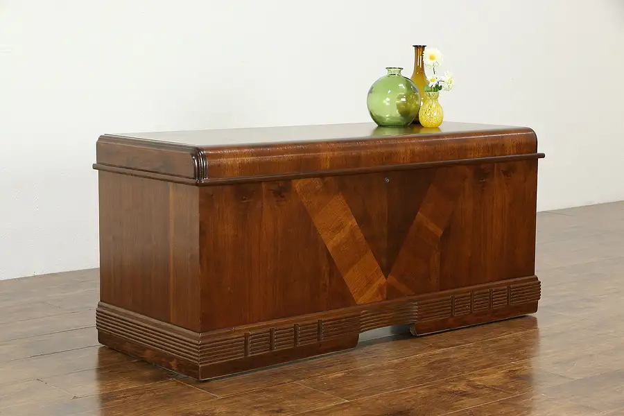 Main image of Art Deco Waterfall Vitnage Walnut & Mahogany Cedar Chest Cavalier