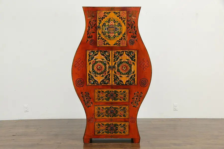 Main image of Chinese Tibetan Hand Painted Lacquer Hourglass Shaped Cabinet