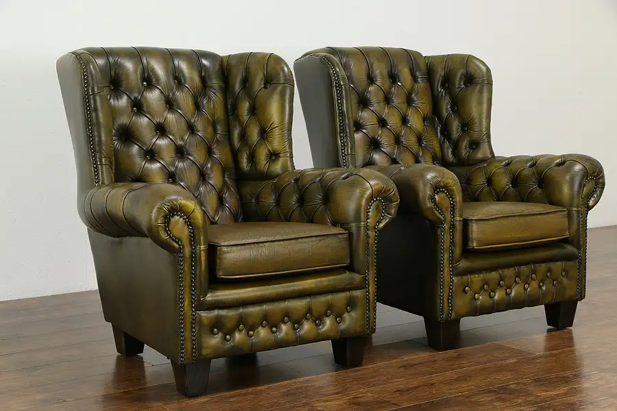 Main image of Pair of English Chesterfield Tufted Leather Vintage Club Chairs