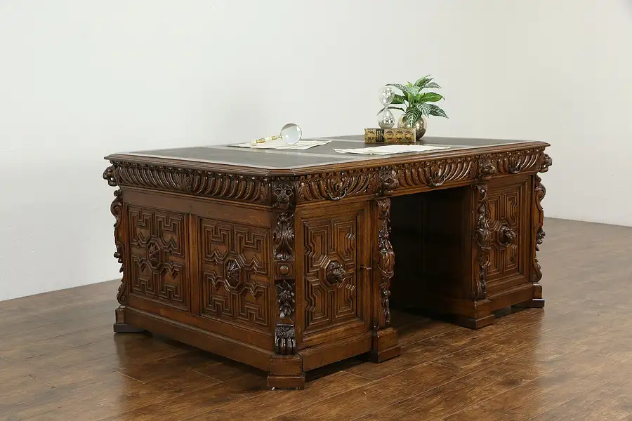 Main image of Renaissance Italian Antique Oak Library Partner Desk, Carved Lions