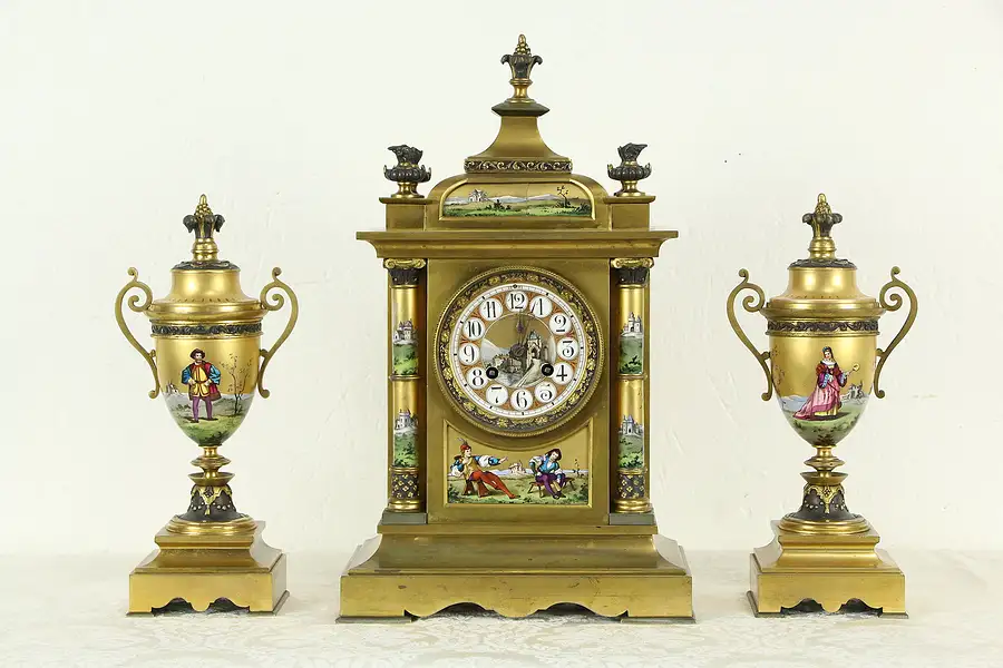 Main image of Bronze & Porcelain French Antique Clock Set Hamilton Creighton Paris