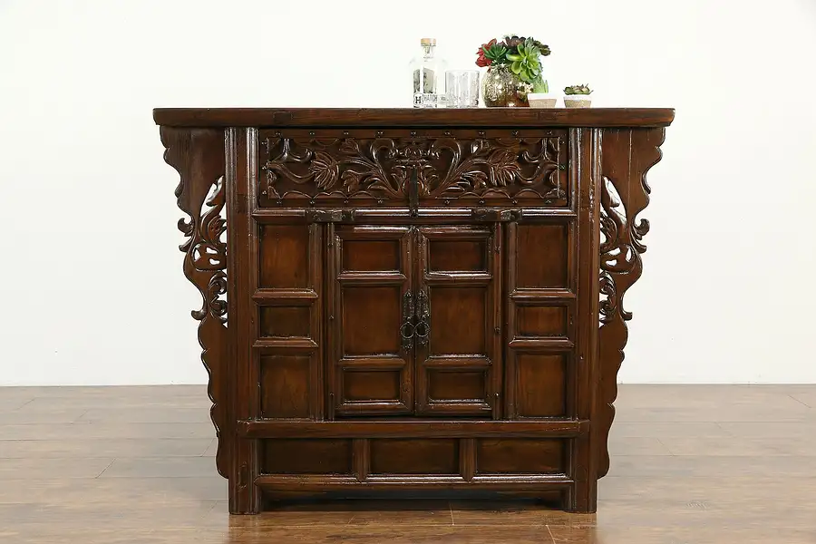 Main image of Chinese Carved Ash Vintage Dowry Cabinet or Console, Wrought Iron