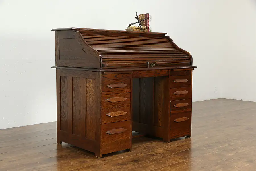 Main image of Victorian Antique Oak Roll Top Desk, File Drawer, Pull Out Shelves