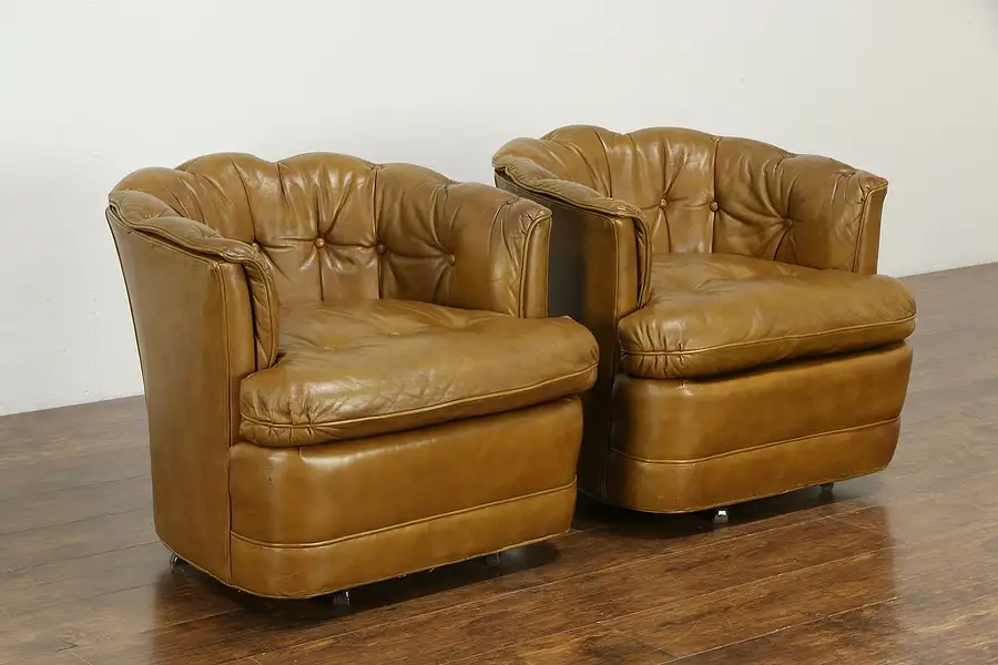 Main image of Pair of Tufted Leather Vintage Swivel Club Chairs, Signed Drexel