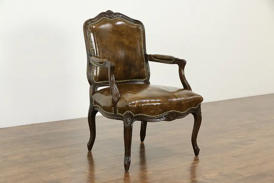 Main image of Carved Vintage French Style Fruitwood Chair, Leather & Brass Nailheads