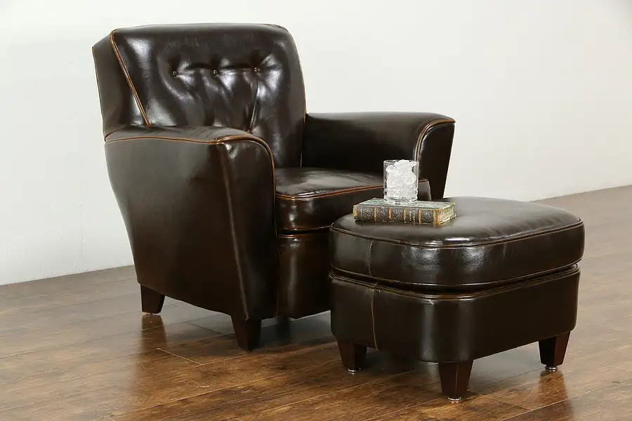 Main image of Leather Tufted Club Chair & Ottoman, Custom Made Bradington Young