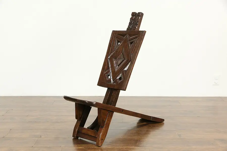 Main image of African Traditional Ceremonial Folding Chair, Carved Heads Congo or Zaire