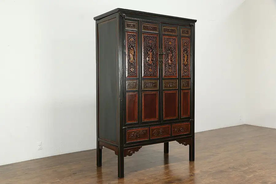 Main image of Chinese Hand Painted Lacquer Cabinet, Hand Carved Figures, Grillwork