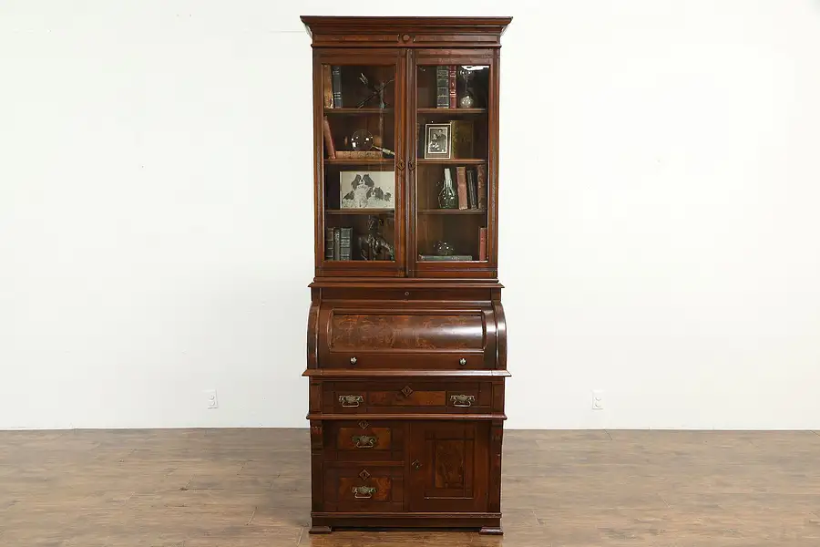 Main image of Victorian Eastlake 1885 Antique Walnut Roll Top Secretary Desk & Bookcase