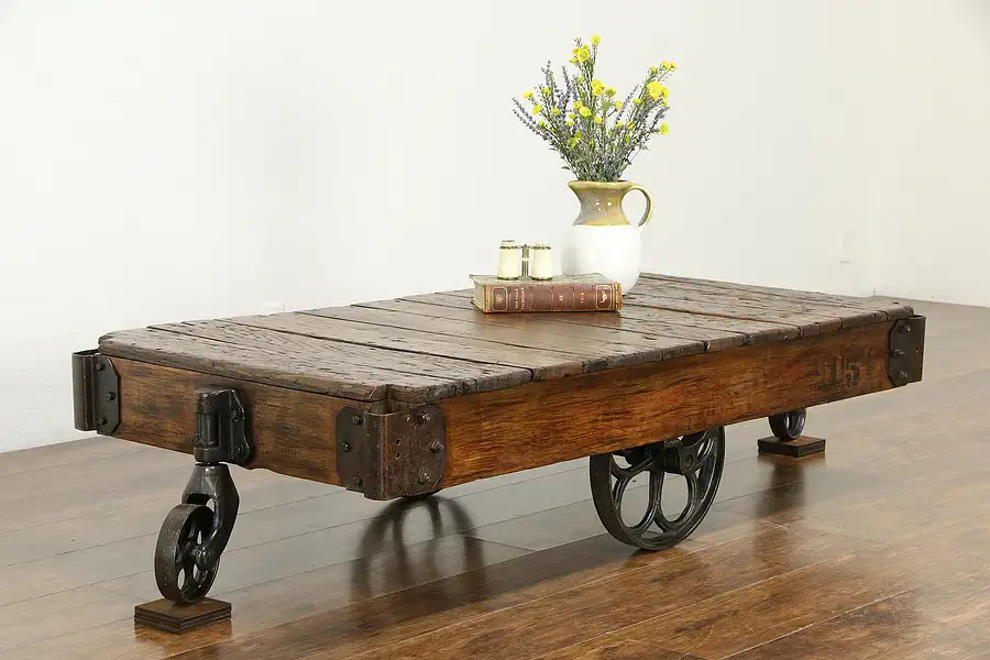 Main image of Industrial Salvage Antique Oak & Iron Railroad Cart, Coffee Table