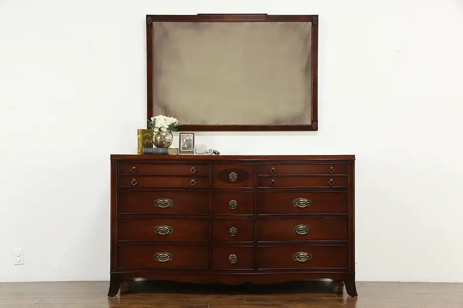 Main image of Traditional Mahogany Serpentine 14 Drawer Dresser or Chest, Mirror, White