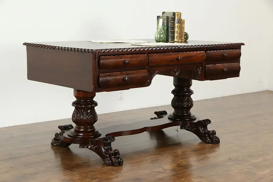 Main image of Empire Antique Mahogany Partner Desk, Carved Acanthus & Lion Paw Feet