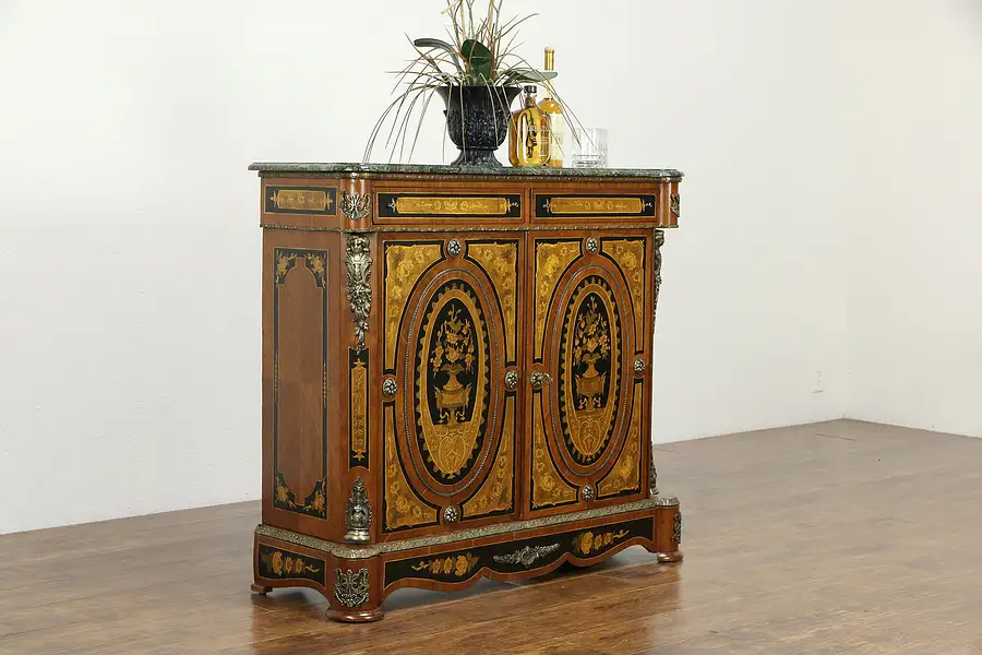 Main image of Marquetry Vintage Hall Console or Bar Cabinet, Marble Top Brass Mounts