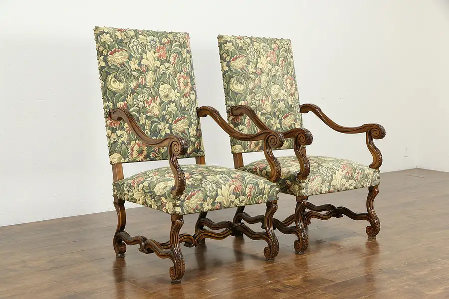 Main image of Pair of Large French Antique Carved Beech & Tapestry Armchairs