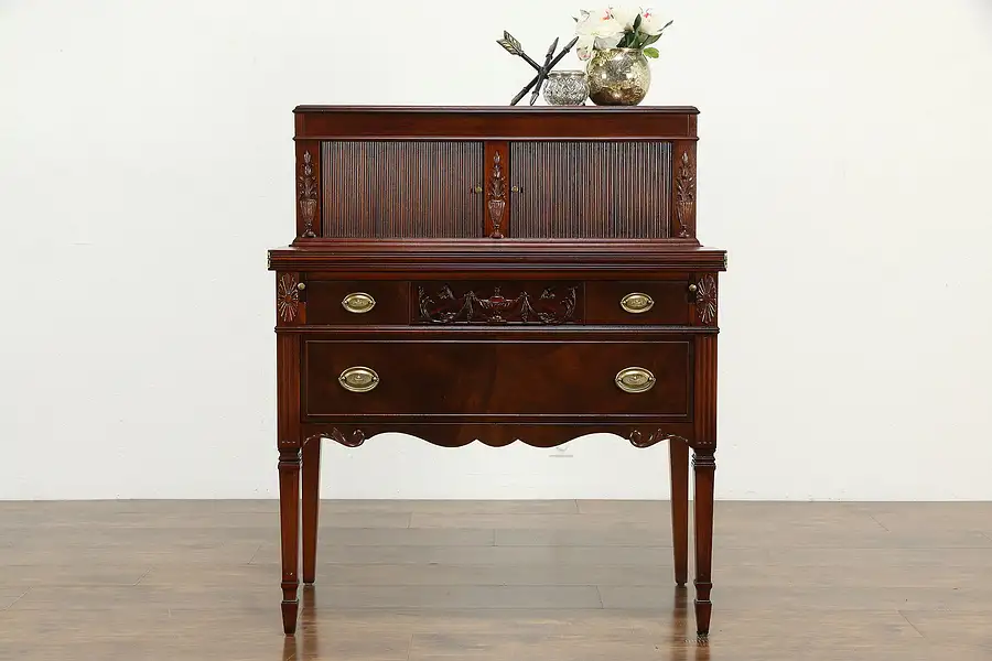 Main image of Sheraton Style Vintage Mahogany Console Desk Tambour Doors, Skandia