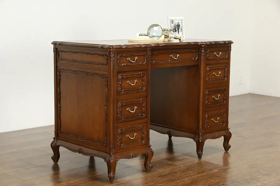 Main image of Country French Vintage Cherry Desk, Tooled Leather Top