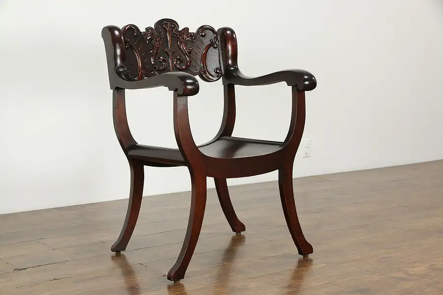 Main image of Victorian Antique Roman Style Mahogany Hall Chair, Carved Dragons