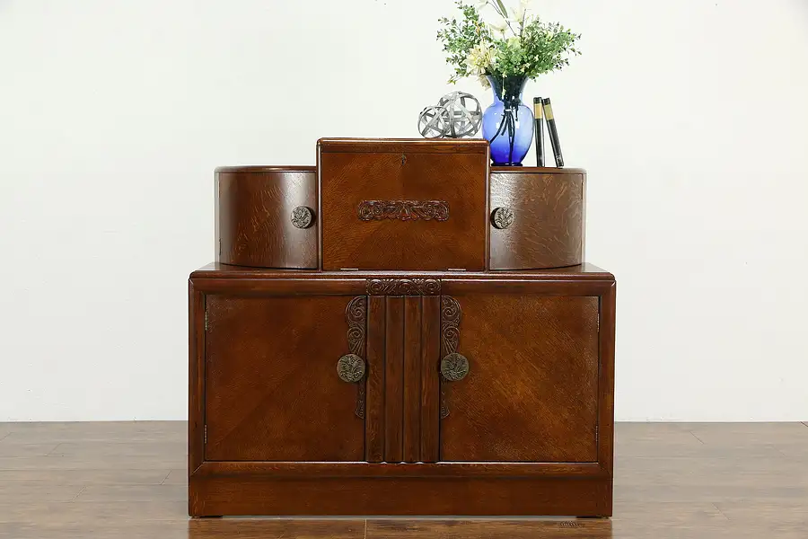 Main image of Art Deco Matched Oak English Vintage Bar Cabinet & Desk