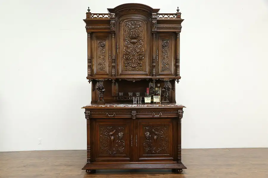 Main image of Royal Danish Court 1890 Antique Jester Cabinet, Carved Walnut Sculptures