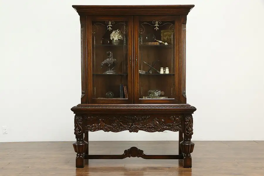 Main image of Oak Antique Scandinavian Display Cabinet Carved Chariot & Horses