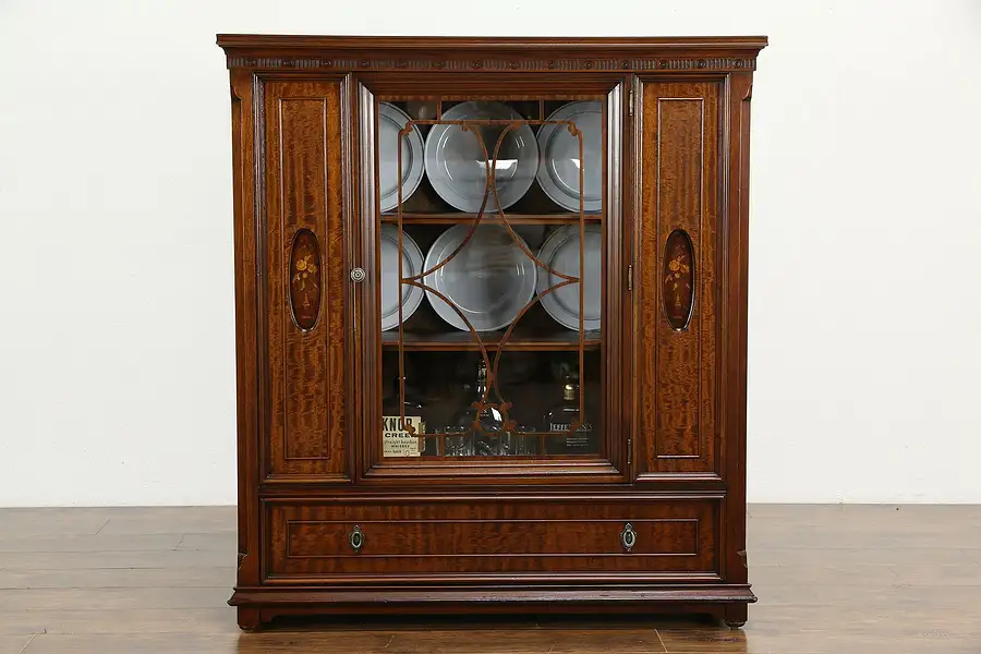 Main image of Mahogany & Marquetry Antique Book Case or China Display Cabinet