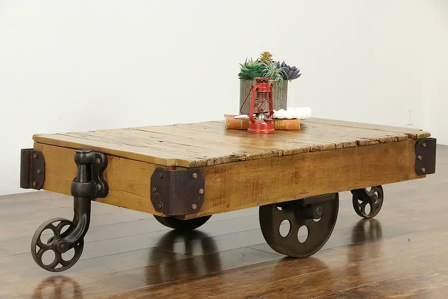 Main image of Industrial Salvage Antique Factory Cart, Iron Wheels, Coffee Table