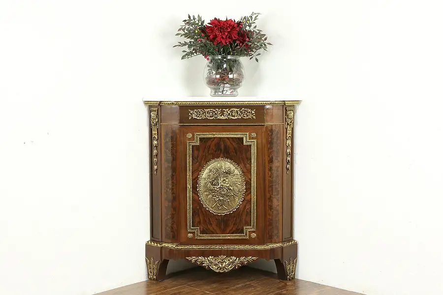 Main image of Marble Top Spanish Vintage Burl Corner Cabinet, Bronze Mounts, Soriano