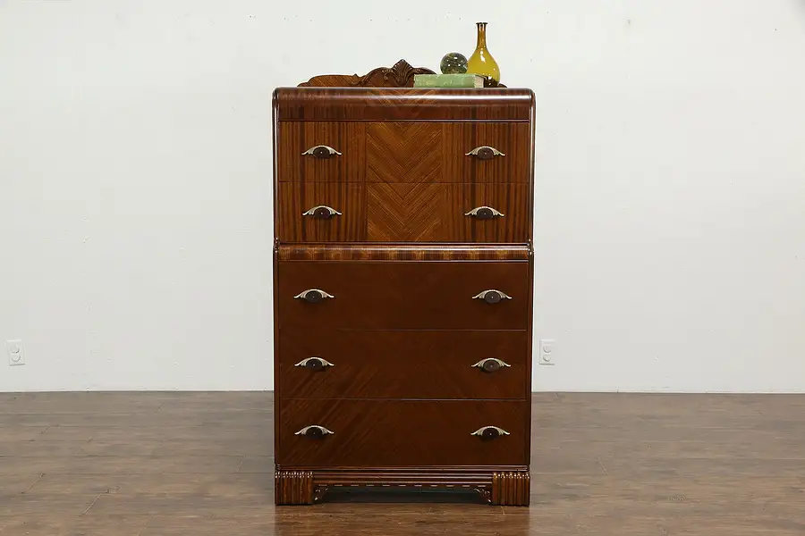 Main image of Art Deco Period Waterfall Highboy or Tall Chest, Bakelite Pulls