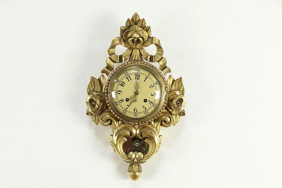 Main image of Gold Baroque Swedish Vintage Wall Clock, Carved Roses, Toreboda