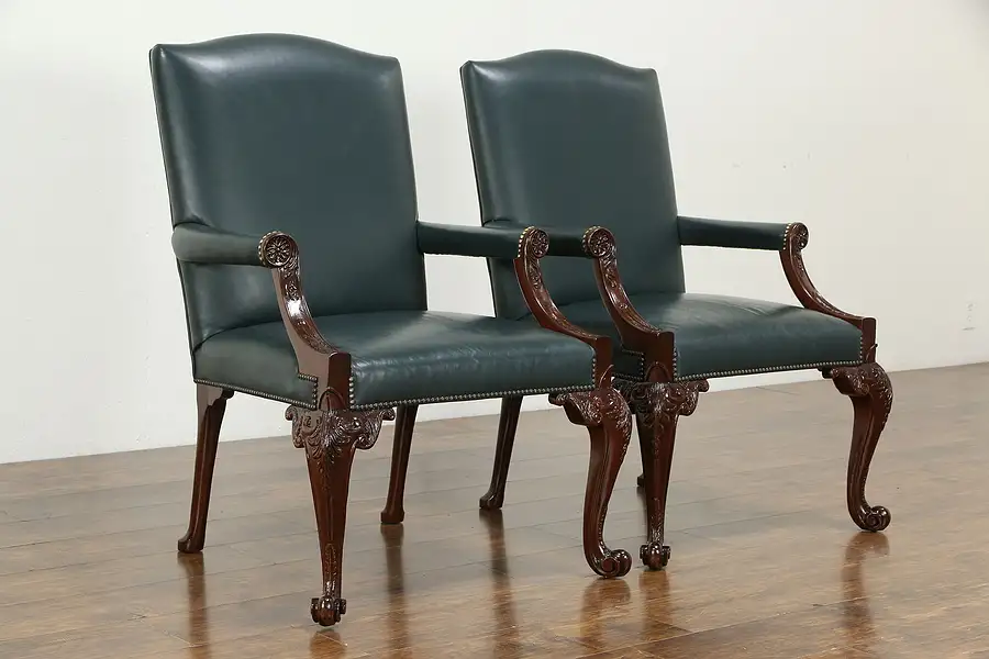 Main image of Pair of Georgian Style Vintage Leather & Carved Mahogany Chairs, Baker