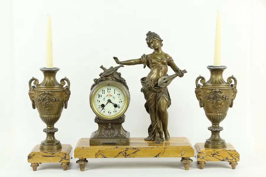 Main image of French 3 Pc Antique Marble Mantel Clock Set, Musique by Moreau Sculpture