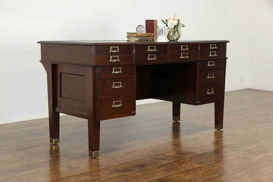 Main image of Jeweler or Collector Antique Mahogany Glass Top Display Desk, 14 Drawers