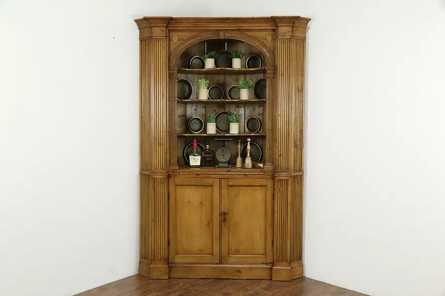 Main image of Georgian English Antique 1800 Classical Pine Corner Cupboard or Cabinet