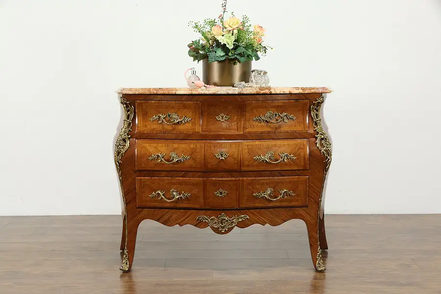 Main image of Bombe Tulipwood & Rosewood Marquetry Chest, Dresser, Commode, Marble Top