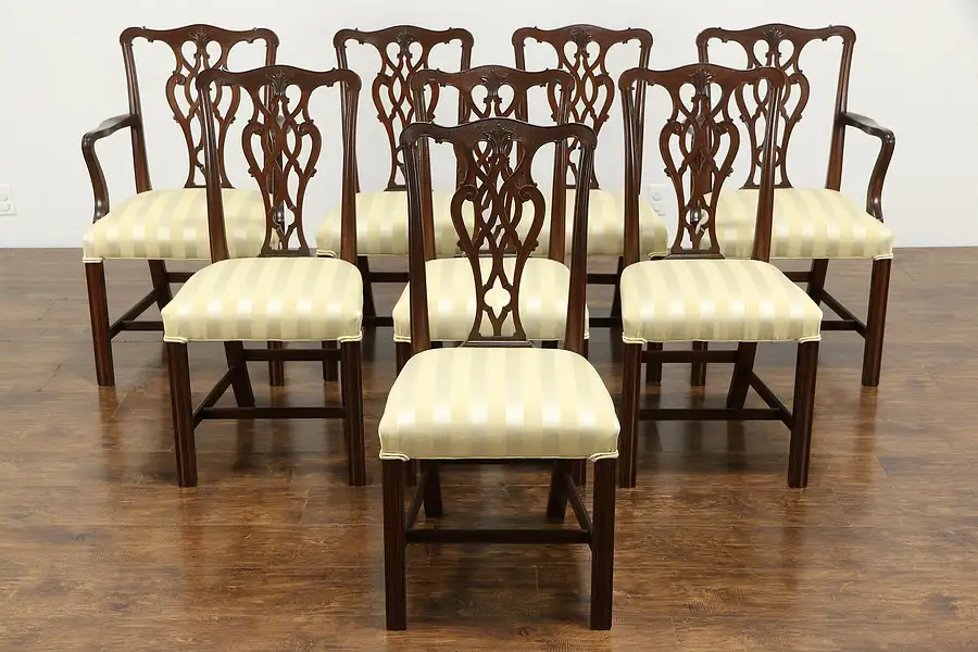 Main image of Set of 8 Georgian Chippendale Vintage Mahogany Dining Chairs, New Fabric