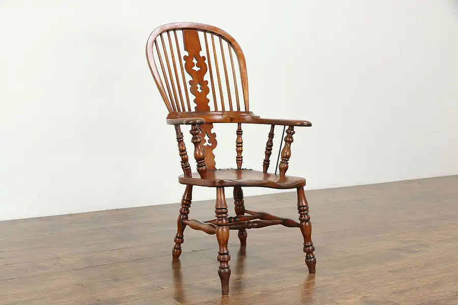 Main image of Victorian Antique English 1880 Pub Chair, Carved Elm Seat