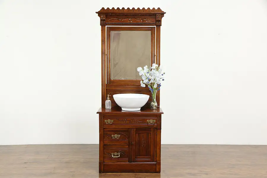 Main image of Victorian Eastlake Antique Small Chest or Sink Vanity, Beveled Mirror