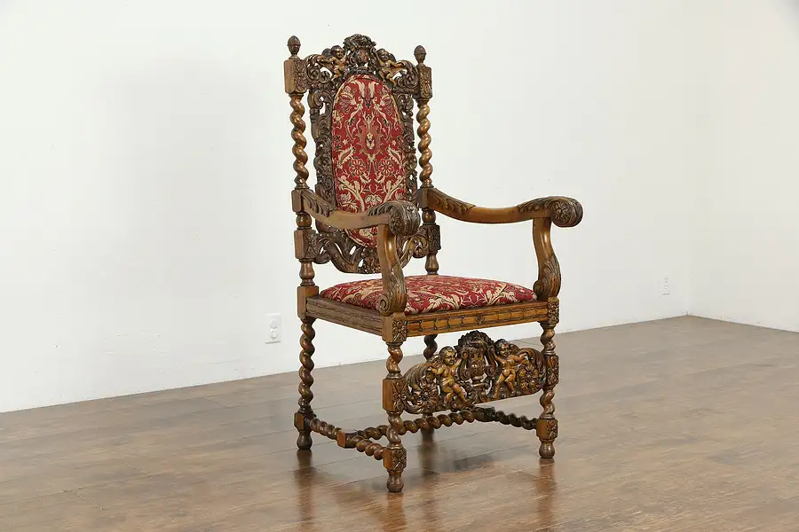 Main image of Throne or Antique Italian Hall Chair, Angels or Cherubs, New Upholstery