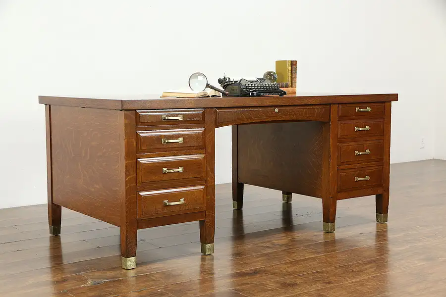 Main image of Art & Crafts Mission Oak Antique Craftsman Office Desk, Brass Feet