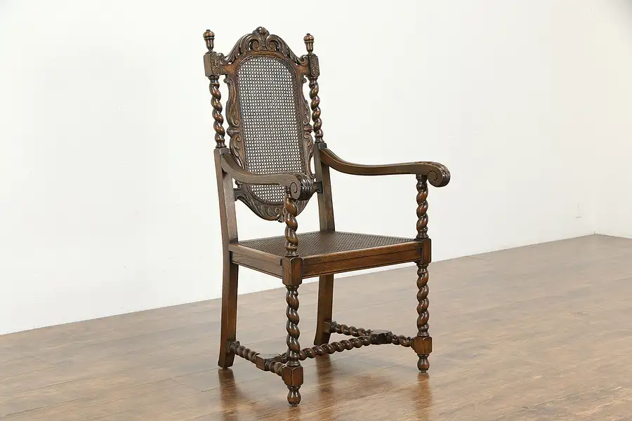 Main image of Oak Antique English Carved Barley or Rope Twist Hall or Throne Chair