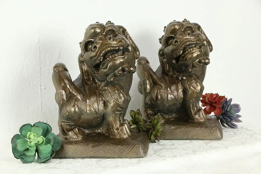 Main image of Pair of Stone or Cement Vintage Chinese Temple Lions or Foo Dogs