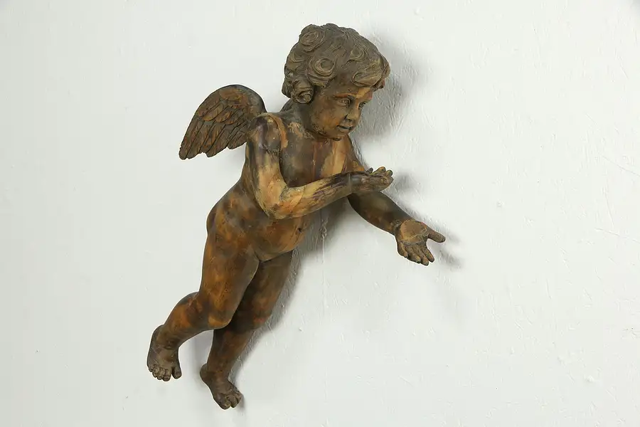 Main image of Angel or Cherub Antique Sculpture, Italian Beechwood 28" Statue