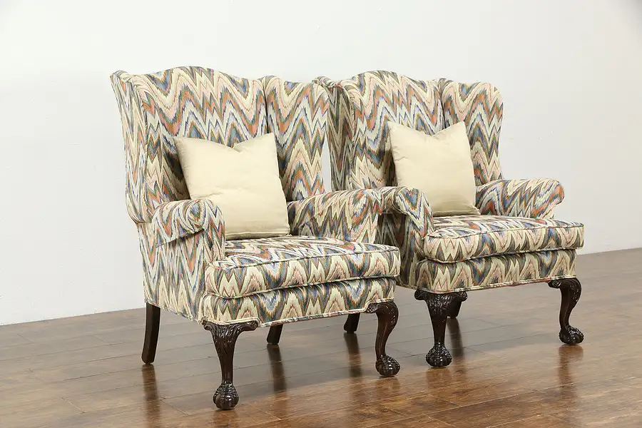 Main image of Pair of Georgian Chippendale Vintage Mahogany Wingback Chairs, Claw Feet