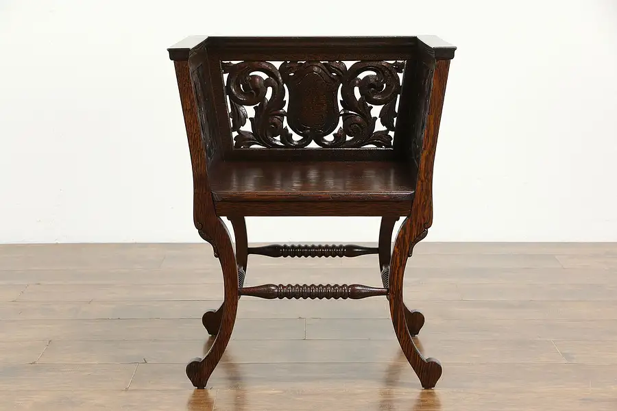 Main image of English Tudor Antique 1900 Carved Quarter Sawn Oak Hall Chair