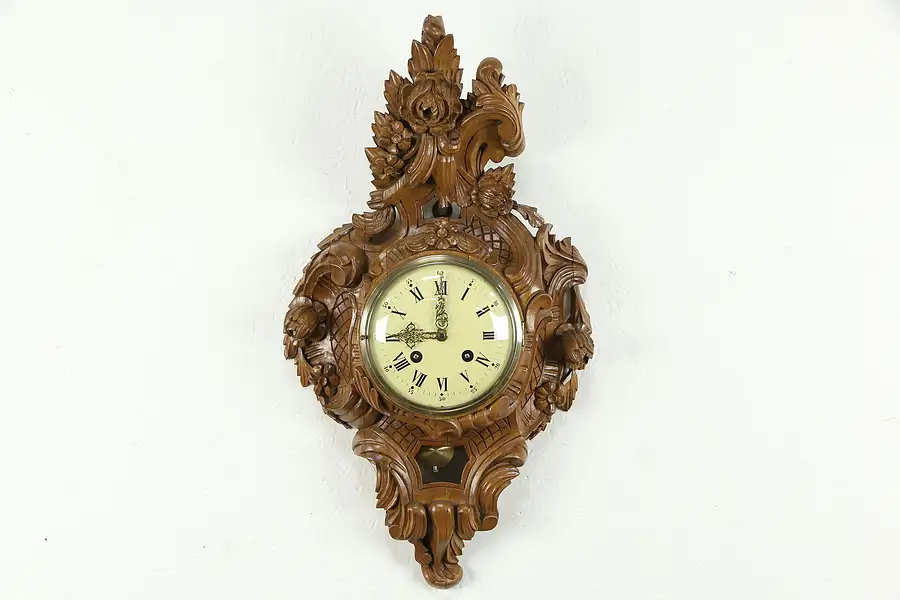 Main image of Baroque Swedish Vintage Hand Carved Fruitwood Wall Clock, Hasselblad